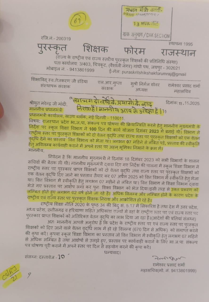 100 दिन में पुरस्कृत शिक्षकों को वेतन वृद्धि का लाभ देने के स्थान पर अब 700 दिन  होने को आए