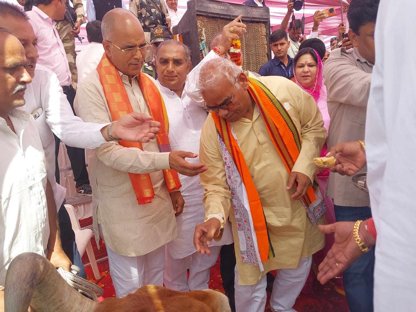 भामाशाह सुनील खेतपाल्या की तरफ से कार्यक्रम में 500 गौशालाओं को ₹200000 प्रति गौशाला के हिसाब से आर्थिक सहयोग राशि प्रदान की जा रही है!   कार्यक्रम में शिक्षा एवं पंचायती राज मंत्री मदन दिलावर गौशाला संचालकों को भेट कर रहे हैं सहयोग राशि का चेक