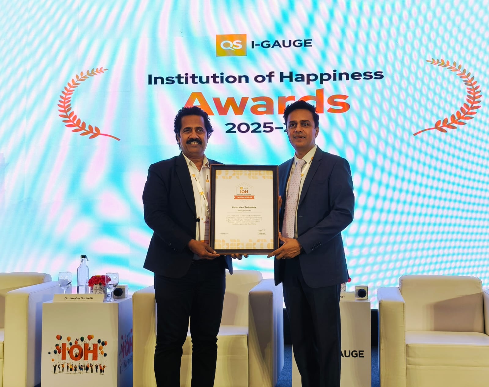 यूनिवर्सिटी ऑफ टेक्नोलॉजी, जयपुर को प्रतिष्ठित QS I-GAUGE "इंस्टिट्यूशन ऑफ हैप्पीनेस" प्रमाणन (2025–26) से सम्मानित किया
