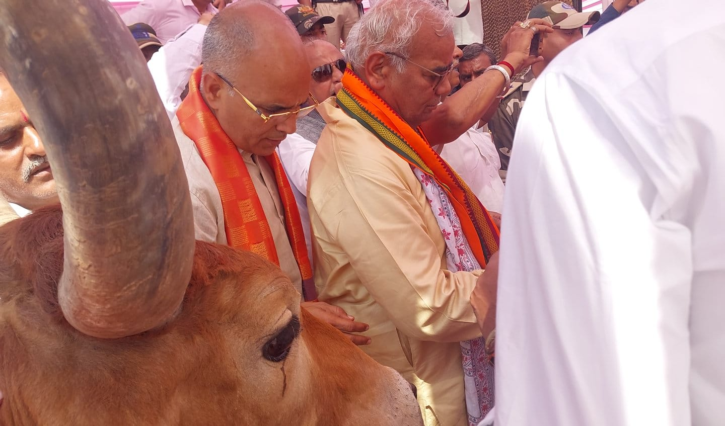 भामाशाह सुनील खेतपाल्या की तरफ से कार्यक्रम में 500 गौशालाओं को ₹200000 प्रति गौशाला के हिसाब से आर्थिक सहयोग राशि प्रदान की जा रही है!   कार्यक्रम में शिक्षा एवं पंचायती राज मंत्री मदन दिलावर गौशाला संचालकों को भेट कर रहे हैं सहयोग राशि का चेक