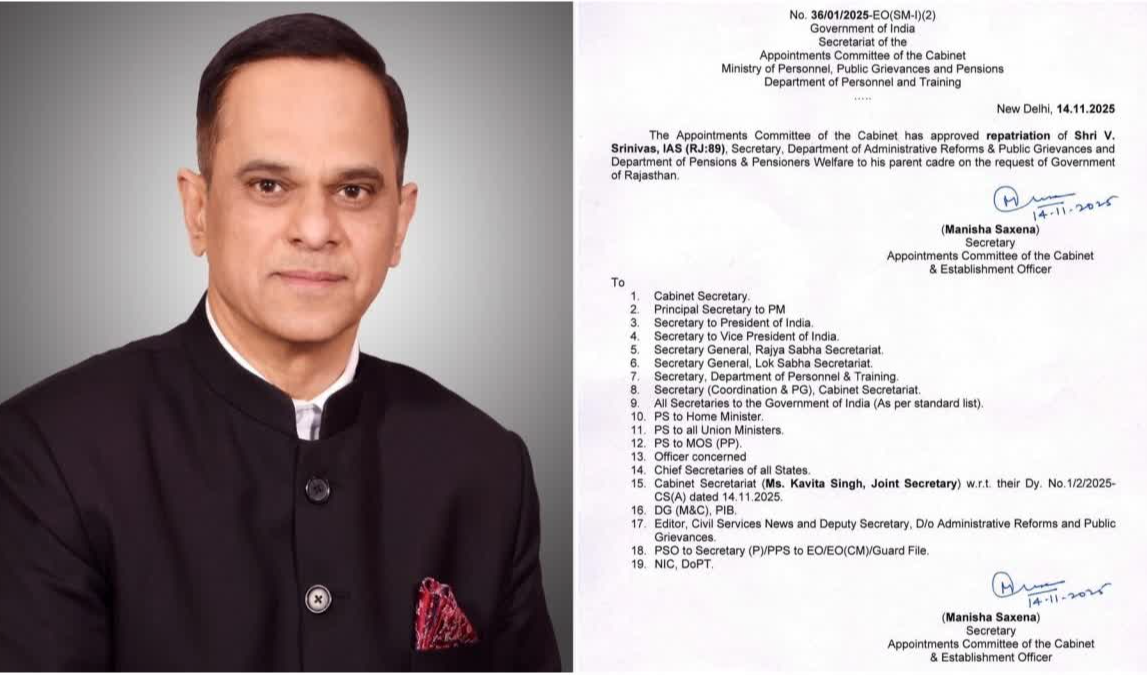 राजस्थान में नौकरशाही की नई हलचल केंद्र ने वरिष्ठ IAS V. Srinivas को किया रिलीव, जयपुर में मुख्य सचिव की रेस तेज